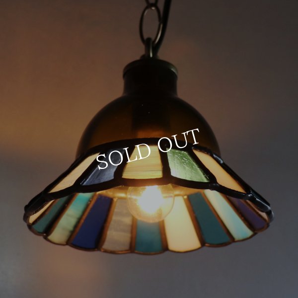 【ブルー】ステンドグラスミニペンダントライト花型｜吊下げ照明・天井照明