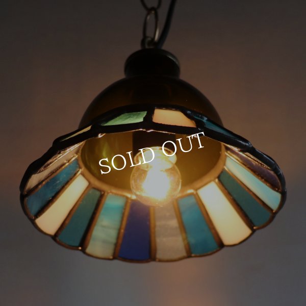 【ブルー】ステンドグラスミニペンダントライト花型｜吊下げ照明・天井照明