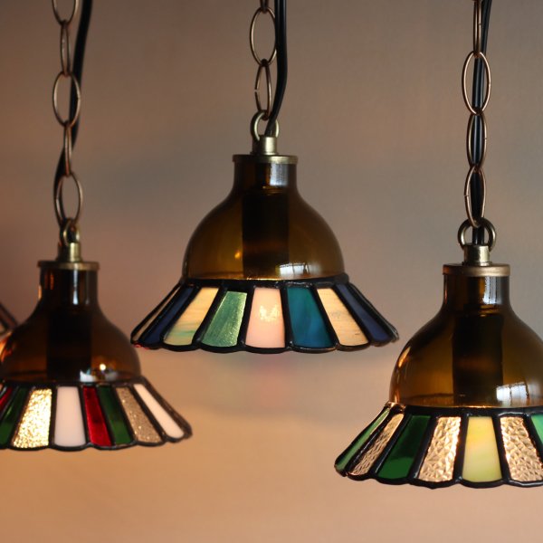 【ブルー】ステンドグラスミニペンダントライト花型｜吊下げ照明・天井照明