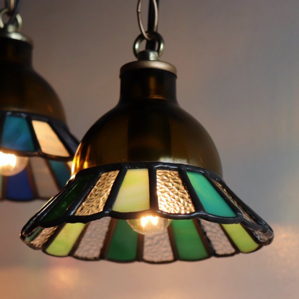 【グリーン】ステンドグラスミニペンダントライト花型｜吊下げ照明・天井照明