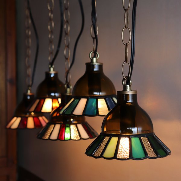 【グリーン】ステンドグラスミニペンダントライト花型｜吊下げ照明・天井照明