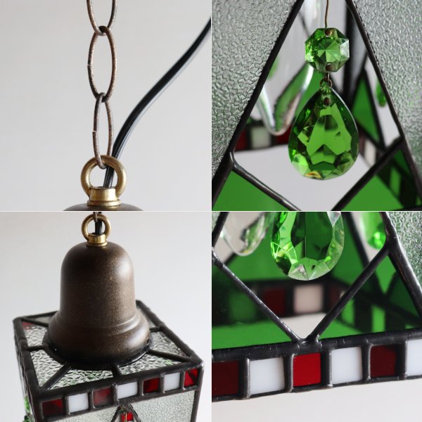クリスマスカラー&ヴィンテージプリズムのステンドグラスペンダントライト｜天井吊り下げ照明