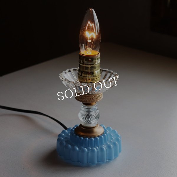 USAヴィンテージホブネイルガラスのミニテーブルライト卓上照明・水色硝子｜カフェランプ