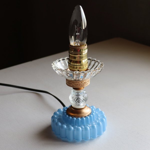 USAヴィンテージホブネイルガラスのミニテーブルライト卓上照明・水色硝子｜カフェランプ