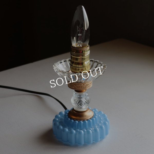 USAヴィンテージホブネイルガラスのミニテーブルライト卓上照明・水色硝子｜カフェランプ