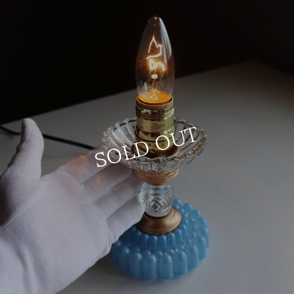 USAヴィンテージホブネイルガラスのミニテーブルライト卓上照明・水色硝子｜カフェランプ