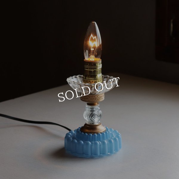 USAヴィンテージホブネイルガラスのミニテーブルライト卓上照明・水色硝子｜カフェランプ