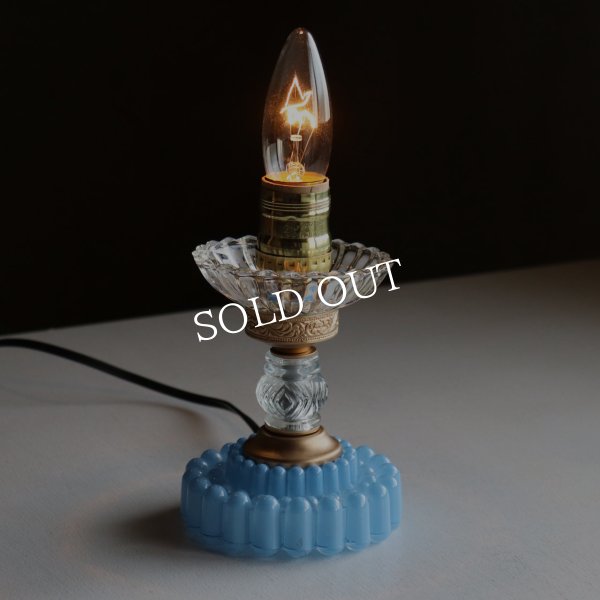 USAヴィンテージホブネイルガラスのミニテーブルライト卓上照明・水色硝子｜カフェランプ