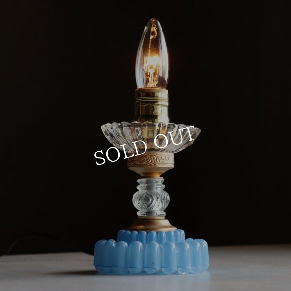 USAヴィンテージホブネイルガラスのミニテーブルライト卓上照明・水色硝子｜カフェランプ