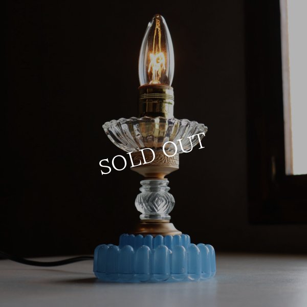 USAヴィンテージホブネイルガラスのミニテーブルライト卓上照明・水色硝子｜カフェランプ