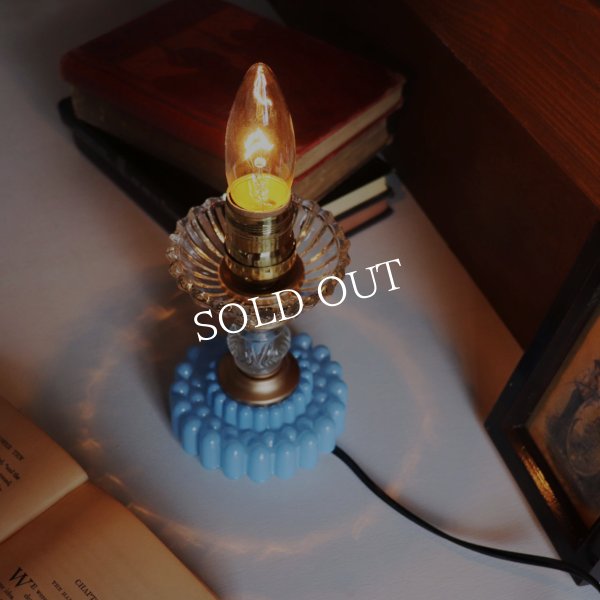 USAヴィンテージホブネイルガラスのミニテーブルライト卓上照明・水色硝子｜カフェランプ