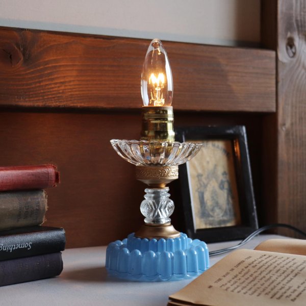 USAヴィンテージホブネイルガラスのミニテーブルライト卓上照明・水色硝子｜カフェランプ