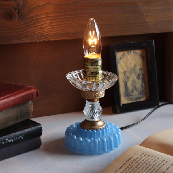 USAヴィンテージホブネイルガラスのミニテーブルライト卓上照明・水色硝子｜カフェランプ