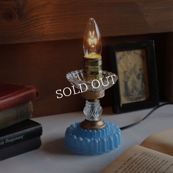 USAヴィンテージホブネイルガラスのミニテーブルライト卓上照明・水色硝子｜カフェランプ