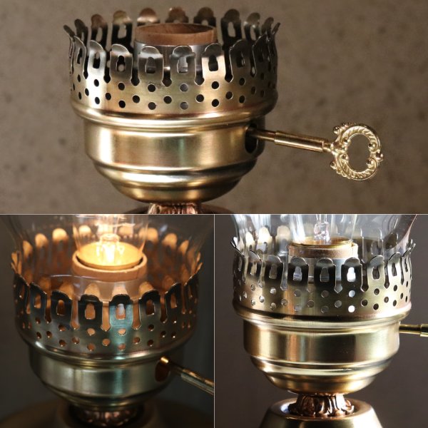 USAヴィンテージオイルランプスタイルテーブルライト｜アンティークゴールド・ガラスチムニーハリケーン卓上照明