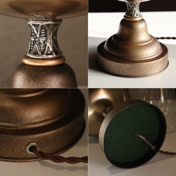 USAヴィンテージオイルランプスタイルテーブルライト｜アンティークゴールド・ガラスチムニーハリケーン卓上照明