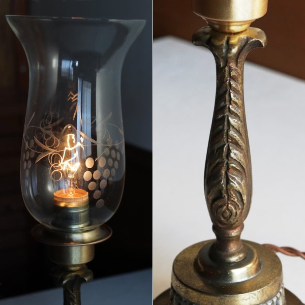 USAヴィンテージハリケーンランプ卓上照明・テーブルライト葡萄柄エッチンググラス｜アンティーク
