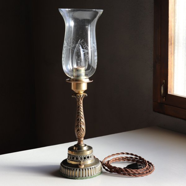 USAヴィンテージハリケーンランプ卓上照明・テーブルライト葡萄柄エッチンググラス｜アンティーク