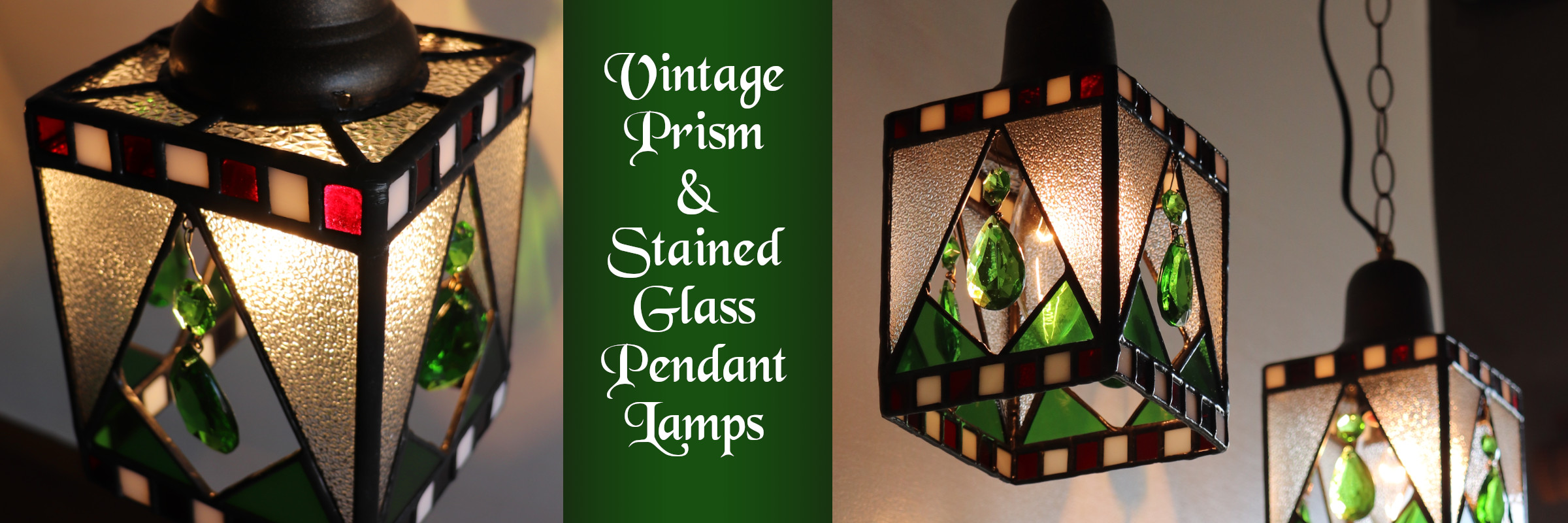 クリスマスカラー&ヴィンテージプリズムのステンドグラスペンダントライト｜天井吊り下げ照明