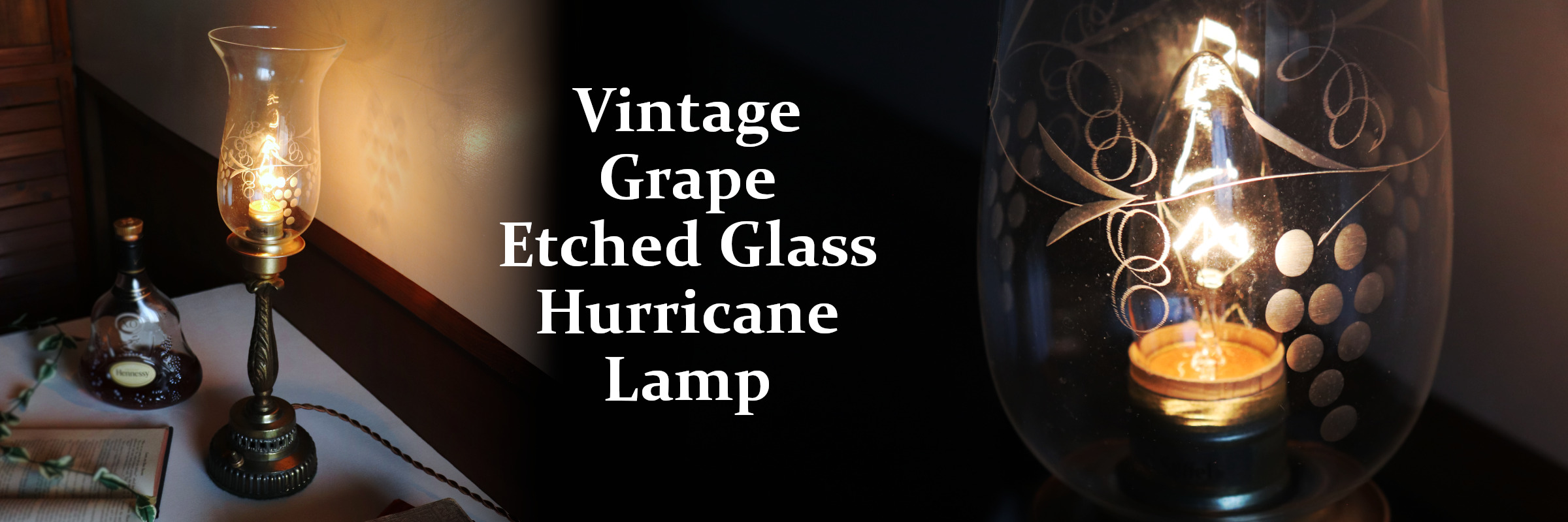 USAヴィンテージハリケーンランプ卓上照明・テーブルライト葡萄柄エッチンググラス｜アンティーク