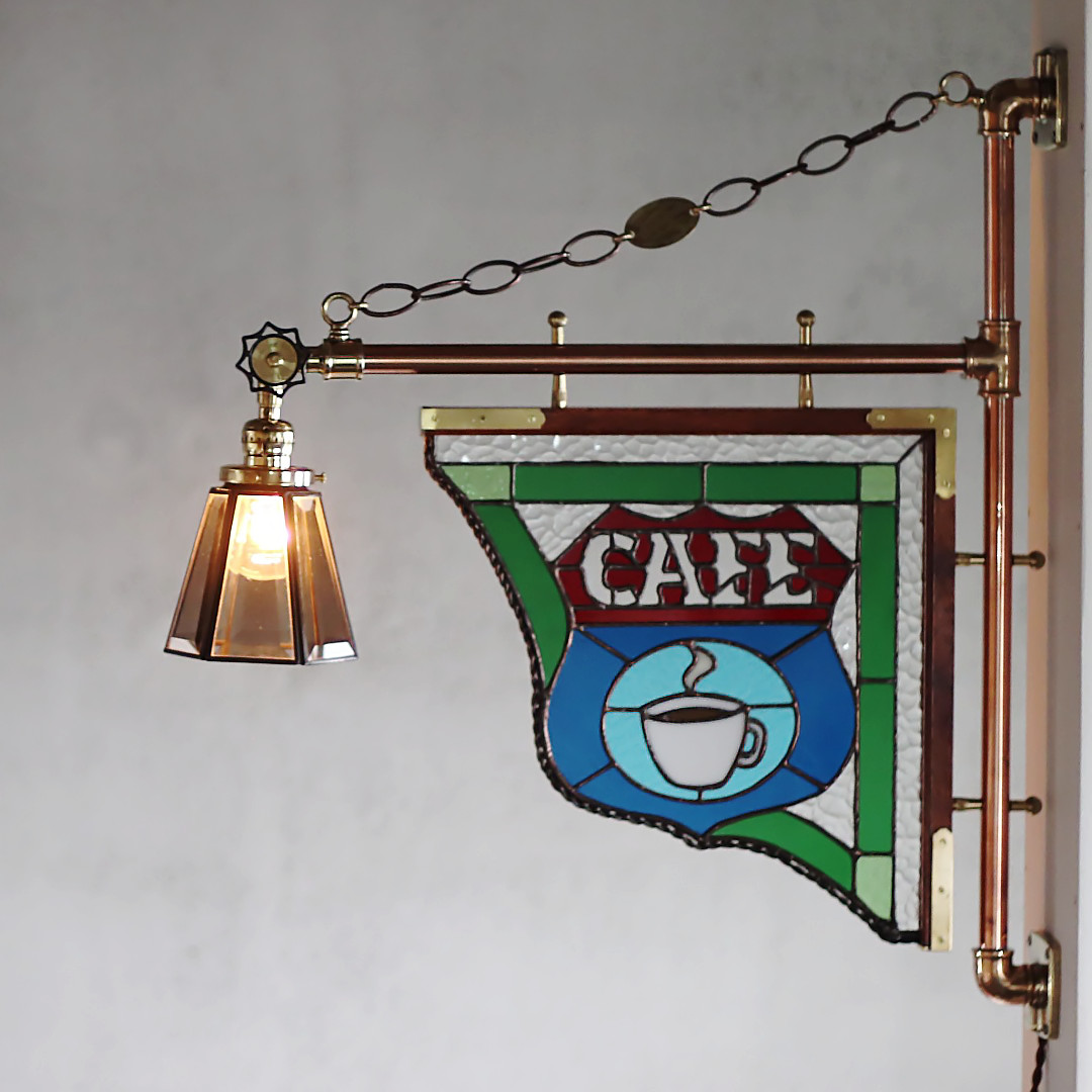 ステンドグラスCAFEカフェサイン屋内看板照明｜vintage stained glass sign light