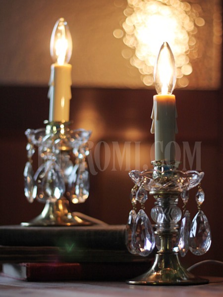 ヴィンテージプレスガラスシェードプリズム付1灯キャンドルミニテーブルランプB/アンティークシャンデリア照明